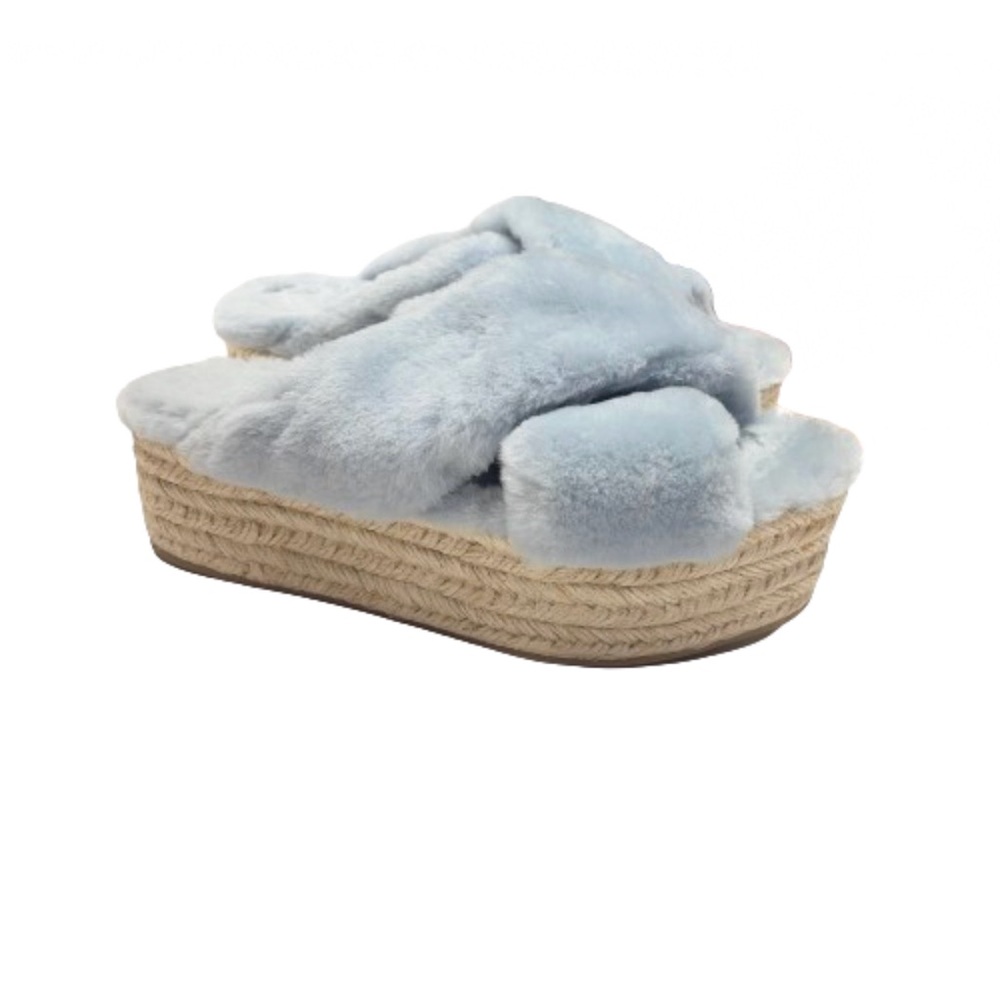 Miu Miu Light Blue Shearling Cross Strap Espadrille Platform Slides